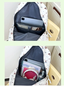 Detailed view of the internal compartments and large capacity of the dog pattern backpack