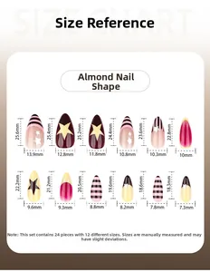 Size chart showing 24 pieces of almond-shaped press-on nails in 12 different sizes