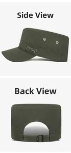 Detail view of olive green flat top army cap with sport embroidery and metal eyelets