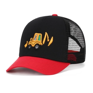 Kids baseball cap featuring cartoon excavator embroidery and black mesh back design