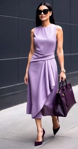 Detailed view of purple sleeveless dress with elegant asymmetrical waist pleats