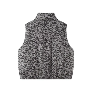 Back view of leopard print puffer vest featuring high collar and elastic hem detail