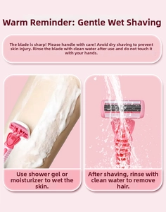 Détail du rasoir rose montrant le rasage humide des jambes et le rinçage à l'eau