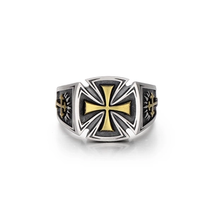 Retro silver men's ring with golden iron cross relief in gothic motor style on white back