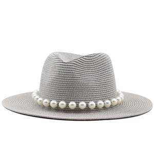 Elegant grey straw fedora hat for women with decorative large white pearl chain band