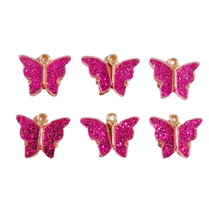 Pack of 6 sparkling magenta butterfly pendants with gold alloy base for DIY jewelry making