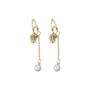 Elegant gold tulip tassel earrings with long chain and white pearl drop for women
