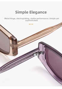 Close-up of TR90 polarized sunglasses showing high-quality metal hinge and product specs