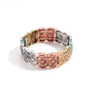 Vintage bohemian stretch bracelet with multi-color floral embossed oval metal plates