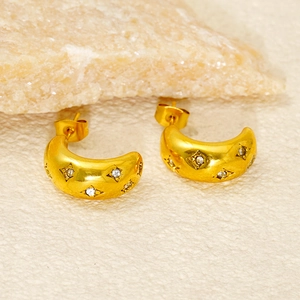 Stainless Steel C Shaped Hoop Earrings For Women 18K Gold Plated Rhinestone Inlaid Hollow Geometric Vintage Fashion Jewelry
