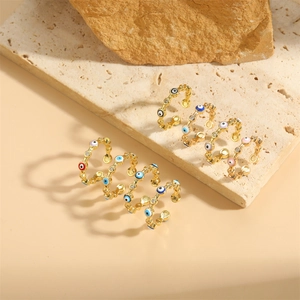 Evil Eye Adjustable Open Ring Copper 14K Gold Plated Enamel Cubic Zirconia Retro Delicate Jewelry For Women