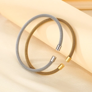 18K gold and silver plated stainless steel mesh woven cable open cuff bracelets for women