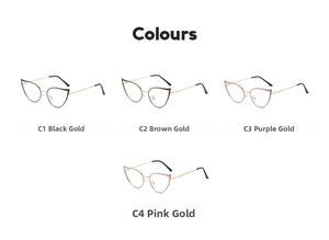 Collection of cat-eye anti-blue light glasses in black, tea, purple, and pink gold frames