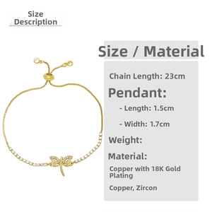 Detail view of 18K gold plated dragonfly bracelet with zircon size measurements