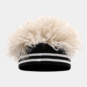 Close-up of knit beanie featuring fluffy wig hair with high-contrast white stripes