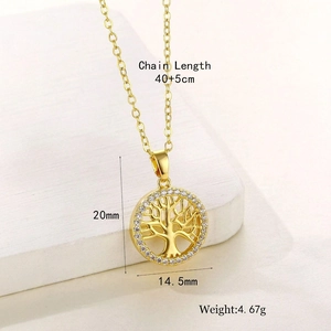 Golden Tree of Life necklace with crystal halo on white stone, 40+5cm chain length