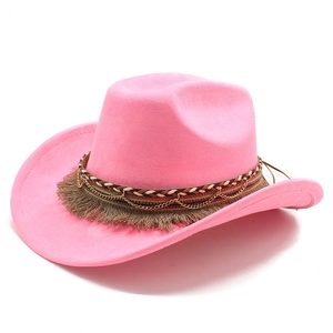 Close-up of hot pink felt cowboy hat with bohemian braided band and metal chain detail