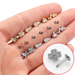 316L Stainless Steel Zirconia Labret Studs Flat Back Ear Cartilage Piercing Jewelry Butterfly Crown Snake Flower