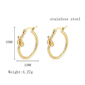 Detailed dimensions of 25mm gold knot hoop earrings in polished stainless steel
