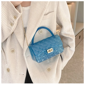Detail of blue quilted jelly bag featuring a beaded handle and transparent PVC texture