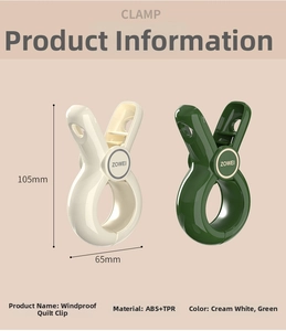 Gedetailleerde weergave van grote winddichte dekbedclips in crème wit en groen, 105mm