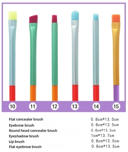 Detail view of 6 specialized makeup brushes including eyebrow, concealer and lip brush