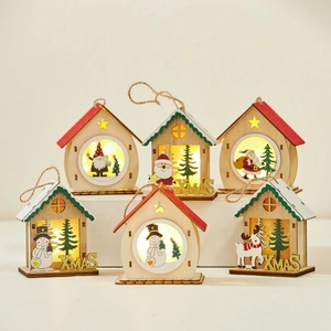 Set of 6 wooden Christmas house ornaments with warm LED lights and XMAS glitter text