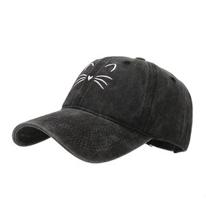 Vintage black washed cotton baseball cap with cute cat whisker and heart embroidery