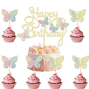 Glittery pink and gold Happy Birthday cake topper set with 3D hollow butterfly decorations