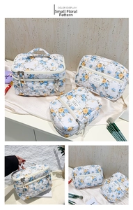 Detailed set of three floral quilted makeup bags with blue and yellow flower patterns