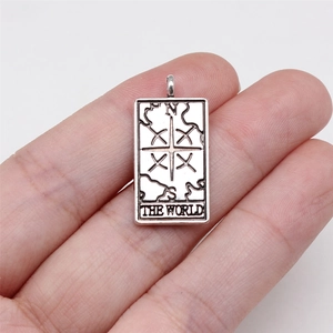Vintage silver The World tarot card pendant necklace in rectangle metal relief