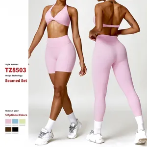 Women Polyamide Spandex Yoga Set Criss-cross Halter Bra And High Waist Butt Lifting Leggings Workout Top And Bottom Outfits