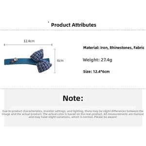 Blue plaid bow hair clip with rhinestone and flower detail showing dimensions and weight