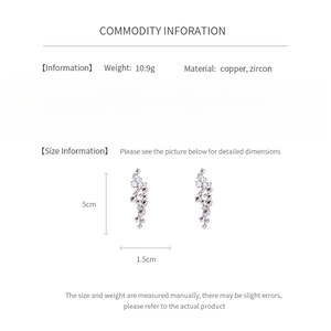 Detailed infographic showing 5cm x 1.5cm zircon tassel earrings made of copper