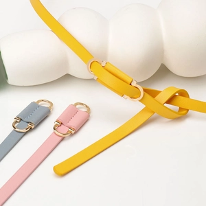 Minimalist thin PU leather waist belts for women in vibrant yellow, blue, and pink colors