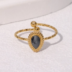 Vintage gold plated stainless steel open ring with waterdrop dark grey stone and hammered texture