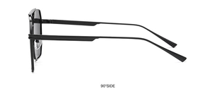 Detailed 90-degree side view of black polarized aviator sunglasses with geometric frames