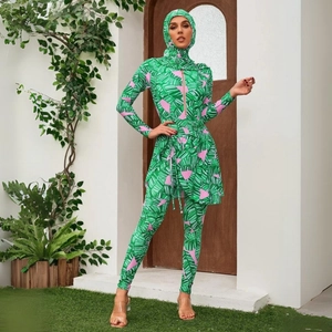 Three-piece long sleeve green palm print burkini swimwear with front zipper for women