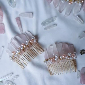 Handmade gold hair comb with natural pink quartz and pearls for elegant festive headwear