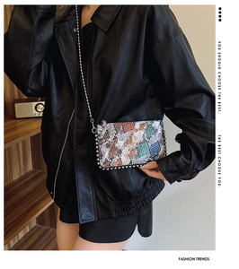 Detail of snake print crossbody bag with silver ball chain worn by model in leather jacket