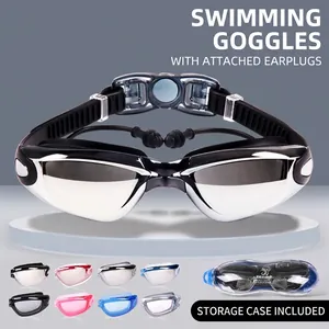 Adult Swimming Goggles Polycarbonate Silicone Anti Fog Waterproof Mirror Coated Nearsighted Integrated Earplugs Professional