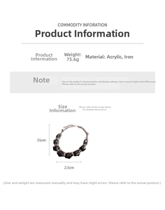 Detailed size and weight chart for black acrylic oval necklace with dimensions 55cm long