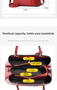 Detailed interior view of red lychee leather handbag showing dimensions and multi-compartments