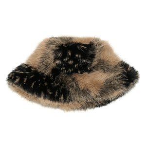 Fuzzy faux fur bucket hat featuring a trendy gradient brown and black shaggy texture