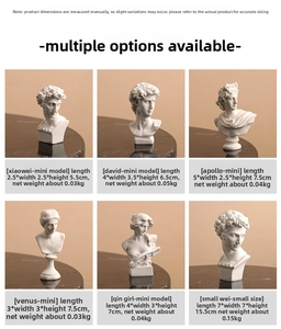 Detailed size chart for Greek resin busts including David, Apollo, and Venus sculptures