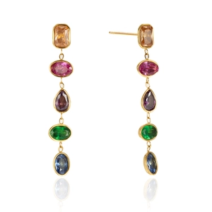 Detailed macro view of colorful geometric crystal drop earrings with gold metal plating