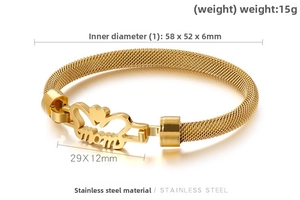Detailed view of gold stainless steel mesh bracelet featuring a heart-shaped MOM charm