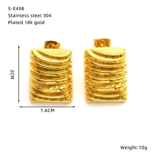Detail view of 18k gold plated stainless steel square earrings with dimensions and weight