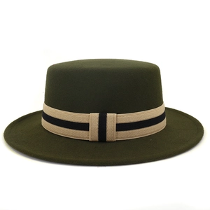 Retro dark olive wool fedora hat with a flat top and striped band accessory