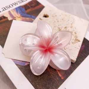 Detail of 8cm plumeria hair claw with pink gradient resin petals on a display card